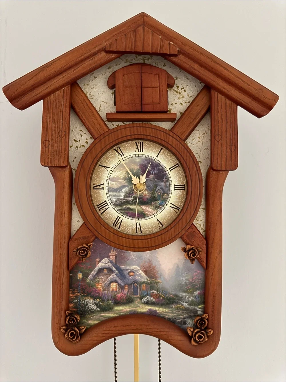 Bradford Exchange Thomas Kinkade Cuckoo Clock 14in Maple Wood Cardinal Quartz